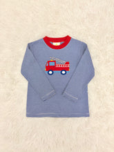 Load image into Gallery viewer, Zuccini Kids’ Firetruck Harry Play Tee ignites imagination with its vibrant royal blue stripes and bold red collar accent. The playful firetruck appliqué brings joy to every adventure, perfectly paired with Leo pants or khakis for cozy fall days filled with energy and fun!

 
