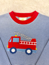 Load image into Gallery viewer, Zuccini Kids’ Firetruck Harry Play Tee ignites imagination with its vibrant royal blue stripes and bold red collar accent. The playful firetruck appliqué brings joy to every adventure, perfectly paired with Leo pants or khakis for cozy fall days filled with energy and fun!

 
