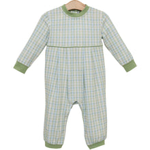 Load image into Gallery viewer, The Basin Plaid Patrick Romper by Jellybean wraps your little one in vibrant green and blue plaid, combining comfort with charming style. Perfect for playful days, its soft fabric and green accents make every moment effortlessly adorable and ready for personalization.
