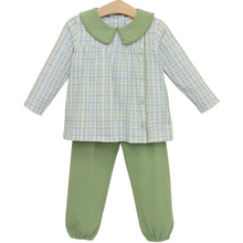 Load image into Gallery viewer, The Basin Plaid Liam Bloomer Pants Set by Jellybean blends timeless charm with comfort. A soft, multicolored knit top with a green Peter Pan collar pairs perfectly with cozy green bloomer pants, creating a stylish and snug outfit for your little boy’s everyday autumn adventures.

