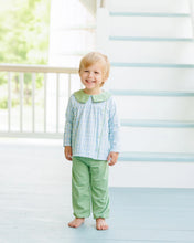 Load image into Gallery viewer, The Basin Plaid Liam Bloomer Pants Set by Jellybean blends timeless charm with comfort. A soft, multicolored knit top with a green Peter Pan collar pairs perfectly with cozy green bloomer pants, creating a stylish and snug outfit for your little boy’s everyday autumn adventures.

