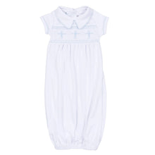 Load image into Gallery viewer, Elegant and meaningful, the Forever Blessed Smocked Gown is a beautiful choice for celebrating your baby’s most special moments. Designed with a classic hand-smocked panel across the chest, it features delicate light blue embroidered crosses for a soft, faith-inspired touch.
