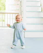 Load image into Gallery viewer, The Basin Plaid Patrick Romper by Jellybean wraps your little one in vibrant green and blue plaid, combining comfort with charming style. Perfect for playful days, its soft fabric and green accents make every moment effortlessly adorable and ready for personalization.
