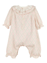 Load image into Gallery viewer, This toddler girl Floral Wreath Long Bubble from Luli &amp; Me is the perfect blend of style and comfort. The ruffle collar adds a charming touch while the floral design adds a touch of whimsy. Your little one will look adorable and feel comfortable in this outfit.
