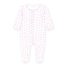 Load image into Gallery viewer, Dress your little one in the delightful Leaping Bunnies Print Ruffle Zip Footie in Pink by Magnolia Baby! This charming pink bunny design is perfect for Easter and Spring, combining playful style with a cozy fit. The easy zipper ensures quick changes, giving both you and your baby a hassle-free experience. Celebrate every precious moment!
