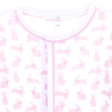 Load image into Gallery viewer, Leaping Bunnies Print Ruffle Zip Footie - Pink
