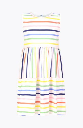 This Girls Rainbow Stripe Harriet Dress from Duffield Lane is perfect for your little fashionista! Made from soft cotton, it features a sleeveless design and fun rainbow stripes in both vertical and horizontal directions. Dress up your little one in style and comfort with this adorable dress.