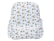 Load image into Gallery viewer, Coated, clean, and cute!

The Backpack is offered in several wipeable classic patterns, and equipped with an outer zipped pocket and two drink holder sleeves. 

The small snuggly fits a pocket folder and lunchbox. 

Made with our PVC-free, wipeable, non-chlorinate coated fabric that is soft to the touch, antimicrobial, water resistant, odorless and biodegradable. This fabric has been specifically developed to be a healthier and more environmentally friendly alternative to the traditional coated material of 

