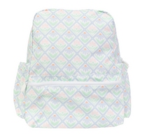Load image into Gallery viewer, Coated, clean, and cute!

The Backpack is offered in several wipeable classic patterns, and equipped with an outer zipped pocket and two drink holder sleeves. 

Available in two sizes. The small snuggly fits a pocket folder and lunchbox. And the large is your standard sized backpack for older kids or when you need to carry a little more. 

Made with our PVC-free, wipeable, non-chlorinate coated fabric that is soft to the touch, antimicrobial, water resistant, odorless and biodegradable. This fabric has been
