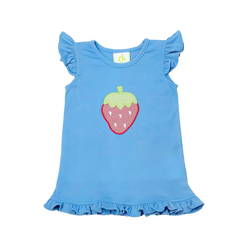 Elevate your little one's style with our Strawberry Angel Blouse! This adorable blue flutter sleeve top features a charming strawberry applique that adds a fun and playful touch. Perfect for toddler girls, this blouse from Zuccini Kids is sure to make a sweet statement in any outfit.