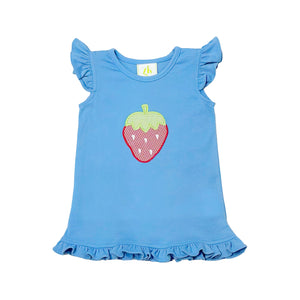 Elevate your little one's style with our Strawberry Angel Blouse! This adorable blue flutter sleeve top features a charming strawberry applique that adds a fun and playful touch. Perfect for toddler girls, this blouse from Zuccini Kids is sure to make a sweet statement in any outfit.
