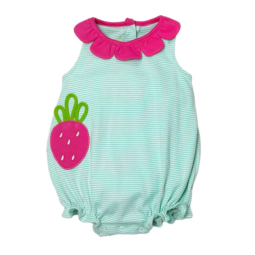 Celebrate strawberry picking season with the Strawberry Reagan Bubble from Zuccini Kids! This adorable knit bubble for infant girls features mint and white mini stripes, a scalloped petal collar, and a sweet strawberry applique. Perfect for creating memories and capturing cute photos!