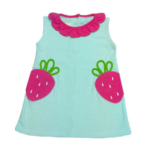 Celebrate strawberry picking season with the Strawberry Reagan Knit Dress from Zuccini Kids! This adorable knit dress for toddler girls features mint and white mini stripes, a scalloped petal collar, and a sweet strawberry applique. Perfect for creating memories and capturing cute photos!
