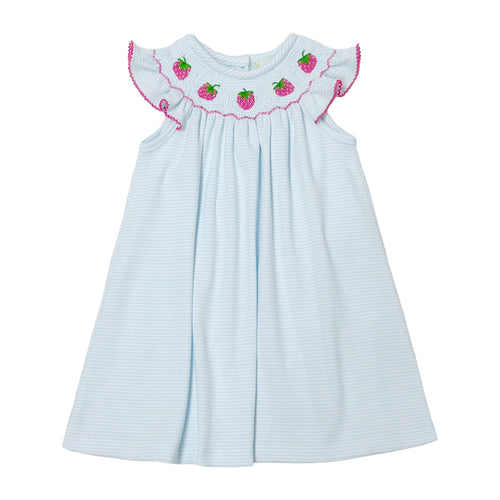 Indulge your little one in the sweet charm of our Strawberry Billie Bishop Knit Dress. Featuring light blue and white stripes, this adorable cotton knit dress has a smocked strawberry embroidered bishop neckline. Perfect for toddler girls!