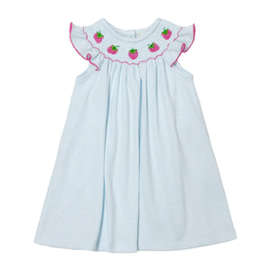 Indulge your little one in the sweet charm of our Strawberry Billie Bishop Knit Dress. Featuring light blue and white stripes, this adorable cotton knit dress has a smocked strawberry embroidered bishop neckline. Perfect for toddler girls!