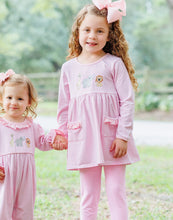 Load image into Gallery viewer, Dress your little explorer in Jellybean’s Zoo Crew Legging Set and watch her imagination roar! Soft, light pink stripes and playful animal appliqués bring comfort and charm to every adventure. Perfect for spirited kids who love to discover the wild side of style!
