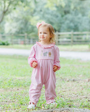 Load image into Gallery viewer, Let your little one’s imagination run wild in the Girls Zoo Crew Romper! Soft pink stripes and playful ruffles frame adorable zoo animal embroidery, creating a joyful outfit that sparks smiles and adventures at every turn. Ready to make every day a fun-filled safari?
