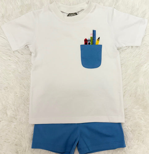 Get your little boy ready for school with the Boys School Supplies Shorts Set from Cape Point Clothing. This charming set includes a crisp white cotton shirt adorned with a playful embroidered pocket featuring school supplies, paired perfectly with coordinating blue shorts. Comfortable and stylish, it’s the ideal outfit to make back-to-school mornings easier and more fun.