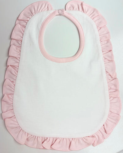 Infant White & Pink Ruffle Bib from Baby Loren features a white bib with pink ruffle. Perfect for a monogram!