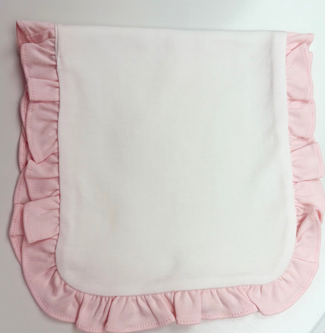 Infant White & Pink Ruffles Burping Pad made from 100%% Pima cotton. Perfect for a monogram!