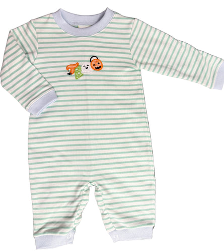 Dress your little one in cozy Halloween charm with the Infant Boys Mint Boo Luke Bubble. This knit long romper features subtle mini stripes and adorable Boo appliques, making it perfect for festive fall gatherings. Soft and comfortable, it ensures your baby stays warm while celebrating the season in style.