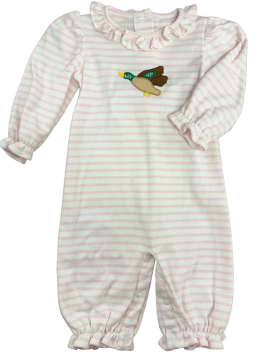Dress your little one in charming comfort with the Infant Girls Mallard Duck Suzette Pink Bubble from Zuccini Kids. Crafted from soft knit fabric featuring delicate pink and white stripes, this bubble outfit showcases a delightful applique of a mallard duck in flight—perfect for little duck lovers. The ruffle collar adds a sweet, feminine detail, making it an adorable choice for any occasion. Plus, coordinate with a matching big sister tunic for picture-perfect sibling style.