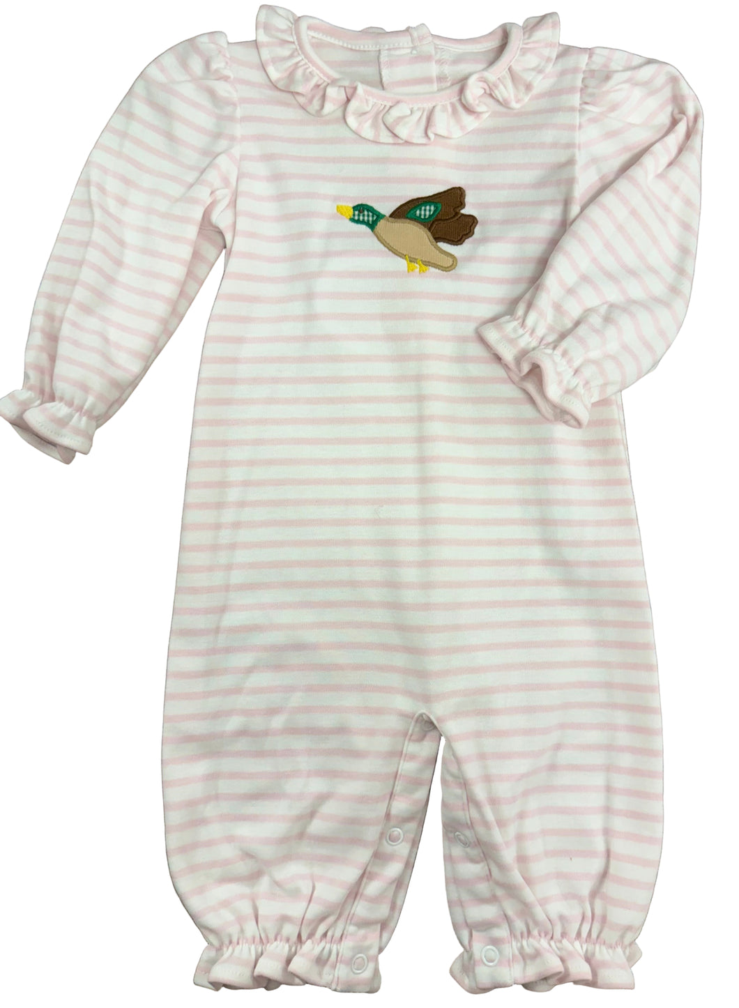 Dress your little one in charming comfort with the Infant Girls Mallard Duck Suzette Pink Bubble from Zuccini Kids. Crafted from soft knit fabric featuring delicate pink and white stripes, this bubble outfit showcases a delightful applique of a mallard duck in flight—perfect for little duck lovers. The ruffle collar adds a sweet, feminine detail, making it an adorable choice for any occasion. Plus, coordinate with a matching big sister tunic for picture-perfect sibling style.
