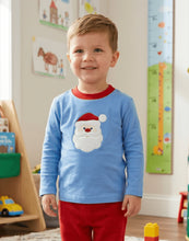 Load image into Gallery viewer, The Santa Harry Play Tee by Zuccini Kids is a precious periwinkle knit tee featuring a sweet Santa appliqué, finished with festive red collar accents. The perfect Christmas tee for toddler boys!
