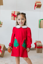 Load image into Gallery viewer, The Christmas Tree Kendall Double Collared Dress by Zuccini Kids is a festive red knit dress featuring the sweetest Christmas tree pockets, finished with delicate green picot trim and an adorable double white collar accented in green and red. A precious holiday look for infant and toddler girls!
