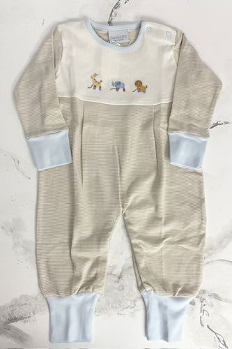 Welcome your little one to the wild side with our Infant Boys Safari Embroidered Longall! Made by Squiggles, this longall features an adorable safari train design, with tan and cream stripes and light blue accents. Perfect for cute and comfortable play time with endless potential for jungle adventures.