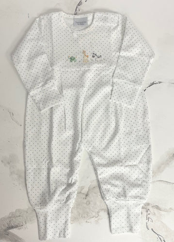 Keep your little one stylish and comfortable with our Infant Boy Dotted Embroidered Safari Longall from Squiggles. Featuring a soft blue dotted design and embroidered safari animals, this longall is not only adorable, but also perfect for everyday wear. Give your child the best with Squiggles!