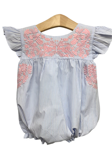 Transform your baby girl into a cute fashionista with the Emilia Bubble from Shop Teeta. Featuring blue and white vertical stripes, this bubble also has beautiful, embroidered detailing and flutter sleeves. Comfortable and stylish, it's perfect for any occasion. Big Sister dress match also available!
