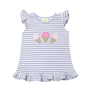 Indulge in the sweetness of summer with our Ice Cream Angel Sleeve Blouse! This knit tee features playful purple and white stripes and charming ice cream cone appliques. Perfect for your little one to celebrate with style and comfort! Pair with the Lavender Shorts for the perfect play outfit this summer!&nbsp;