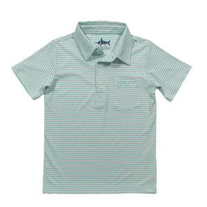 Discover the ultimate summer style with the Inshore Performance Polo from Salt Water Boys. Made with high-performance material, this signature polo features an Ocean Wave Stripe design that's perfect for all-day comfort and fun in the sun. Order now and experience the best of both worlds - style and function!