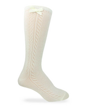 Load image into Gallery viewer, Update your little girl&#39;s sock collection with these adorable Ivory Pointelle Knee-High Socks by Jeffries Socks. Made with a delicate pointelle design, these socks are not only cute but also comfortable and perfect for any occasion. Give her feet the stylish and cozy treatment they deserve.
