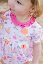 Load image into Gallery viewer, The Tricks &amp; Treats Keeley Bubble from James &amp; Lottie brings festive fun to any Halloween celebration. Its charming pink fabric showcases a playful Halloween print, while the sweet ruffle neckline adds a delightful touch. Designed for comfort and movement, this bubble lets girls enjoy playtime and festivities with ease and style. Perfect for making Halloween memories extra special.
