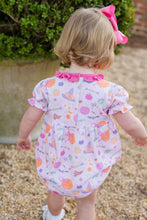 Load image into Gallery viewer, The Tricks &amp; Treats Keeley Bubble from James &amp; Lottie brings festive fun to any Halloween celebration. Its charming pink fabric showcases a playful Halloween print, while the sweet ruffle neckline adds a delightful touch. Designed for comfort and movement, this bubble lets girls enjoy playtime and festivities with ease and style. Perfect for making Halloween memories extra special.
