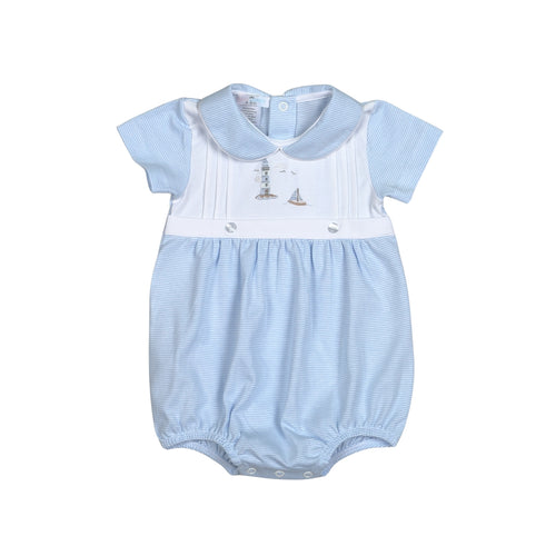 The Blue Lighthouse Embroidered Bubble from Baby Loren is the perfect choice for any infant boy. With a classic blue and white mini stripe and a beautifully embroidered lighthouse and sailboat, this outfit exudes a timeless and elegant charm. Create cherished memories with this heirloom piece that will bring joy to the senses.