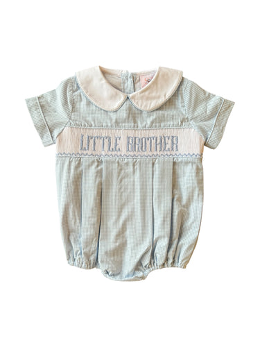 Celebrate his special role with the Infant Boys Little Brother Bishop Bubble from Shop Teeta. Featuring a charming blue and white gingham print and a delicate peter pan collar and smocked detail with embroidered with 