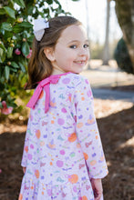 Load image into Gallery viewer, The Tricks &amp; Treats Loren Dress from James &amp; Lottie brings festive fun to any Halloween celebration. Its charming pink fabric showcases a playful Halloween print, while the sweet bow at the back neckline adds a delightful touch. Designed for comfort and movement, this dress lets girls enjoy playtime and festivities with ease and style. Perfect for making Halloween memories extra special.
