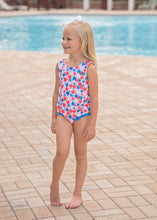 Load image into Gallery viewer, Celebrate the 4th of July in style with our Toddler Girls Lottie Patriotic Stars Swimsuit from James &amp; Lottie. Featuring a bold star print and a large blue bow in the back, your little one will feel confident and stylish while showing off her patriotic spirit.
