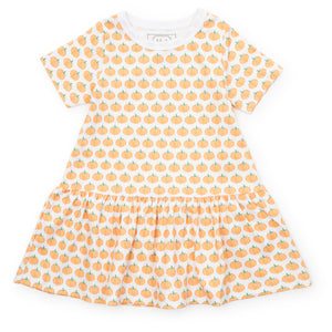 Celebrate the season in style with the Lottie Girl's Harvest Pumpkin Dress by Lila &amp; Hayes. This charming drop waist dress, adorned with a playful pumpkin print, offers a perfect blend of comfort and festive flair. Its short sleeves make it ideal for layering or wearing on warmer days, ensuring your little one stays cozy and cute throughout autumn gatherings and celebrations.