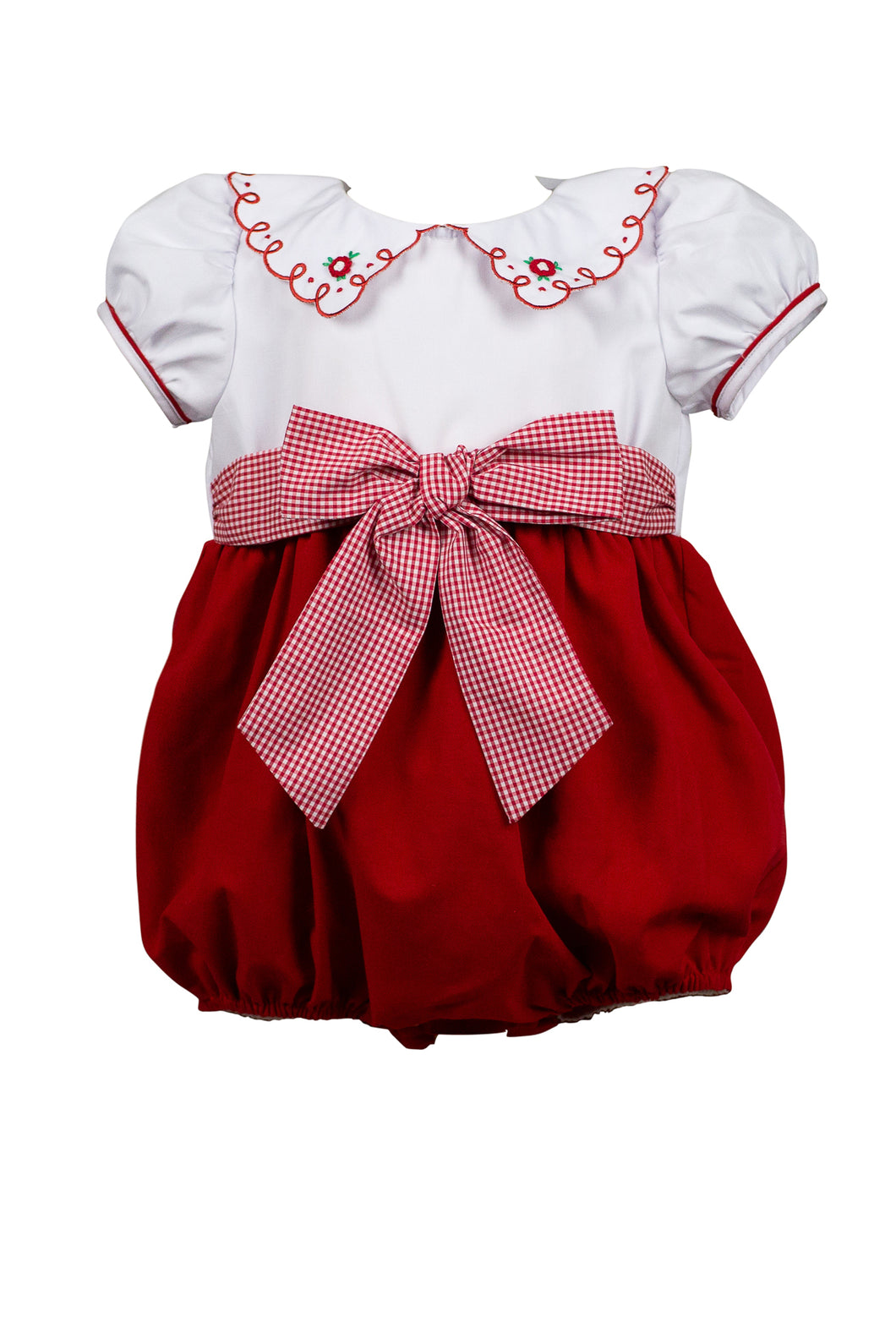 Dress your little girl in the charming Girls Luciana Loop Bubble from The Proper Peony. Featuring a crisp white Peter Pan collar, delicate red embroidery, and a sweet front bow, this two-toned bubble suit adds festive flair to any holiday occasion. Comfortable and stylish, it’s designed to keep your child looking adorable and feeling cozy all day long. 