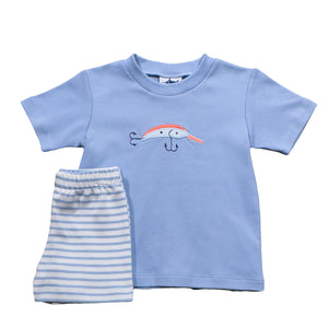Get your little one ready for a day of fishing with our Fishing Lure Shorts Set! This soft knit 2 piece outfit features an embroidered fishing lure on a blue short sleeve shirt and blue &amp; white striped shorts. Perfect for any aspiring fisherman and comfortable for all-day wear.