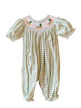 Load image into Gallery viewer, Dress your little one in timeless charm with the Smocked Bishop Riley Mallard Romper by Shop Teeta. Featuring a classic green and white gingham check, this romper is adorned with delicate smocking at the neckline and detailed embroidered mallard ducks, adding a sweet and playful touch. Perfect for coordinated family moments, it also pairs beautifully with matching sibling styles. This piece combines traditional design with exceptional craftsmanship, making it an irresistible choice for any special occasion 
