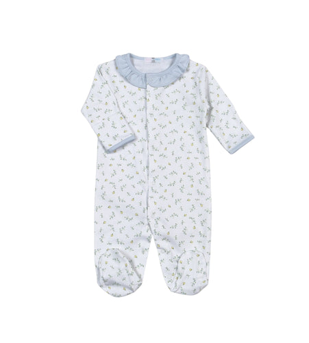 Dress your little one in the Infant Girls Mia Floral Blue Footie by Baby Loren, crafted from 100% soft Pima cotton for gentle comfort. The charming blue floral print and delicate ruffle collar add sweet style, while the convenient snap closure makes dressing quick and easy. Perfect for keeping your baby cozy and adorable all day long.