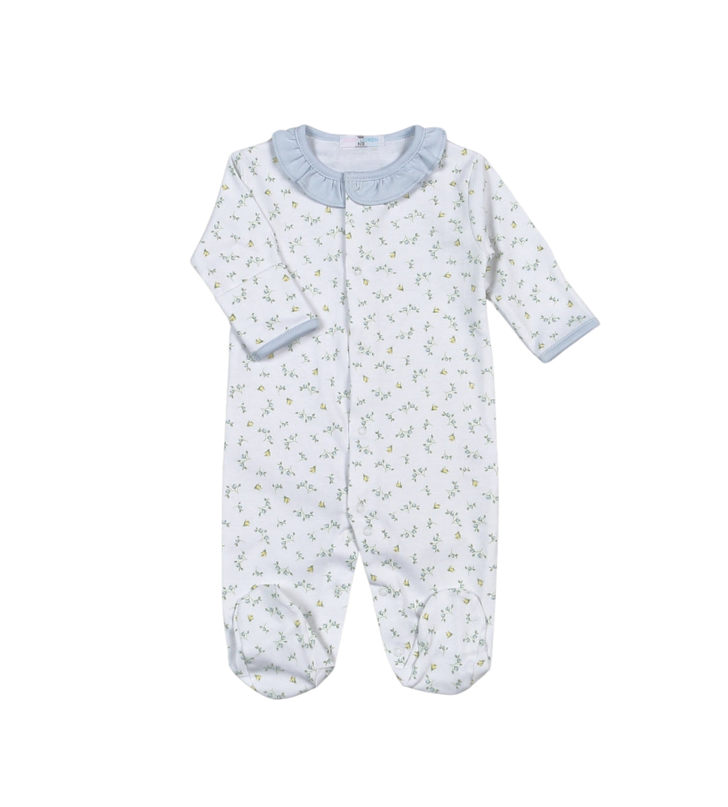 Dress your little one in the Infant Girls Mia Floral Blue Footie by Baby Loren, crafted from 100% soft Pima cotton for gentle comfort. The charming blue floral print and delicate ruffle collar add sweet style, while the convenient snap closure makes dressing quick and easy. Perfect for keeping your baby cozy and adorable all day long.