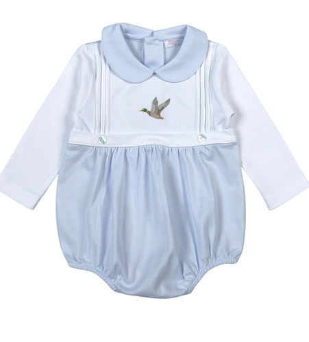 Dress your little one in timeless charm with this Infant Boys Blue Mallard Hand Embroidered Bubble from Baby Loren. Featuring a delicate Peter Pan collar and a beautifully hand-embroidered flying mallard, this bubble offers a sweet and classic fall look. Crafted for comfort and style, it’s perfect for keeping your infant cozy while looking effortlessly adorable