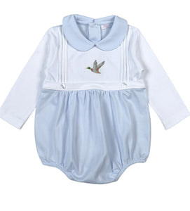Dress your little one in timeless charm with this Infant Boys Blue Mallard Hand Embroidered Bubble from Baby Loren. Featuring a delicate Peter Pan collar and a beautifully hand-embroidered flying mallard, this bubble offers a sweet and classic fall look. Crafted for comfort and style, it’s perfect for keeping your infant cozy while looking effortlessly adorable