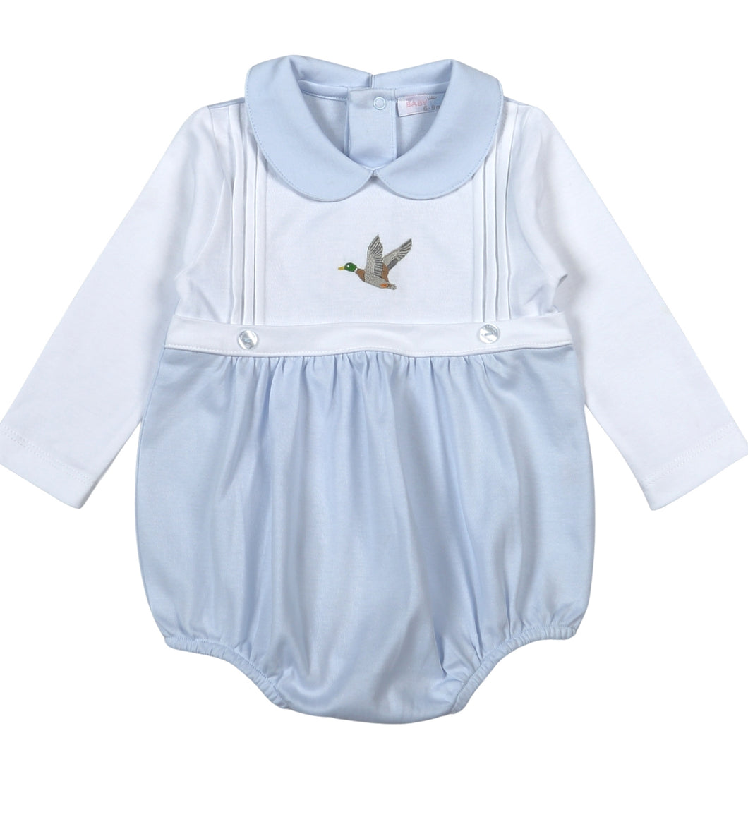 Dress your little one in timeless charm with this Infant Boys Blue Mallard Hand Embroidered Bubble from Baby Loren. Featuring a delicate Peter Pan collar and a beautifully hand-embroidered flying mallard, this bubble offers a sweet and classic fall look. Crafted for comfort and style, it’s perfect for keeping your infant cozy while looking effortlessly adorable